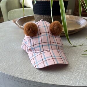 Wonder Nation Pink Plaid Hat with Brown Pom Poms